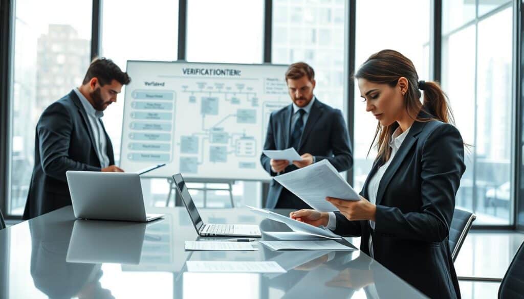 A detailed visualization of a verification process in a modern office setting, with a diverse group of professionals engaged in discussion. In the foreground, a focused businesswoman examines documents on a sleek conference table, wearing a formal suit. To the left, a thoughtful businessman reviews data on a laptop, while an attentive team member takes notes in a notepad. In the middle ground, a large whiteboard displays key points and flowcharts, illustrating the step-by-step verification process. The background showcases a bright, open office with large windows allowing natural light, enhancing the atmosphere of collaboration and professionalism. Overall, the mood should be dynamic and focused, emphasizing teamwork and detailed analysis. High-resolution and well-lit, capturing the essence of a productive workspace. A detailed visualization of a verification process in a modern office setting, with a diverse group of professionals engaged in discussion. In the foreground, a focused businesswoman examines documents on a sleek conference table, wearing a formal suit. To the left, a thoughtful businessman reviews data on a laptop, while an attentive team member takes notes in a notepad. In the middle ground, a large whiteboard displays key points and flowcharts, illustrating the step-by-step verification process. The background showcases a bright, open office with large windows allowing natural light, enhancing the atmosphere of collaboration and professionalism. Overall, the mood should be dynamic and focused, emphasizing teamwork and detailed analysis. High-resolution and well-lit, capturing the essence of a productive workspace.