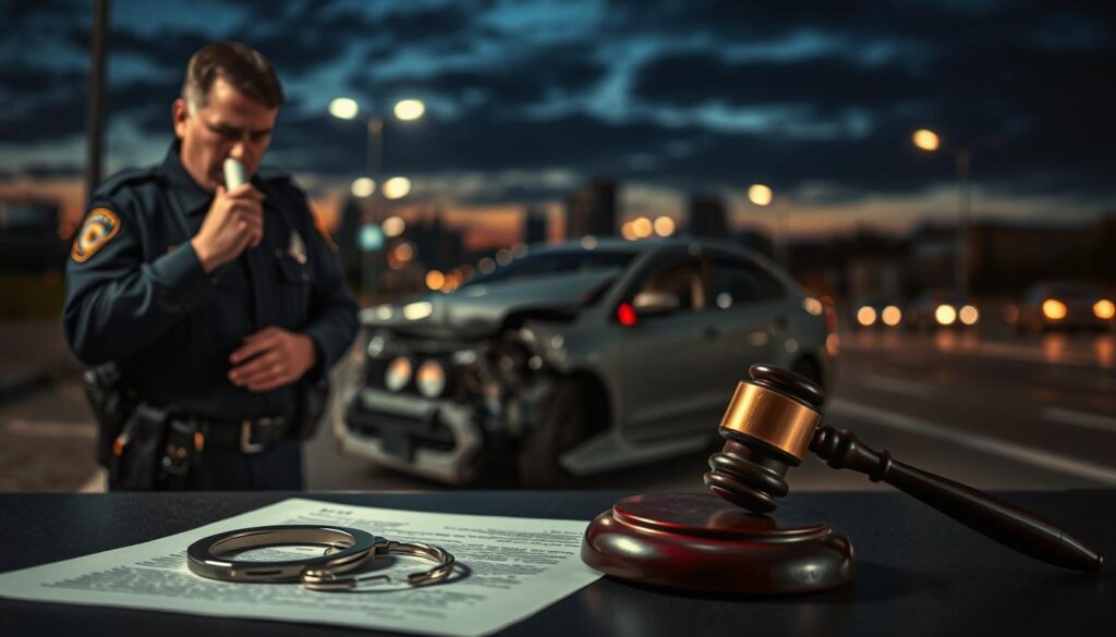 A dramatic scene illustrating the consequences of driving under the influence of alcohol. In the foreground, a somber police officer examines a crumpled car, representing a recent accident, with a breathalyzer in hand. In the middle ground, a pair of handcuffs and a gavel sit atop a legal document, symbolizing legal repercussions. The background shows a blurred cityscape under a moody twilight sky, casting an ominous tone. The lighting is dim, with harsh streetlights creating stark contrasts and shadows, enhancing the seriousness of the moment. The atmosphere conveys tension and gravity, emphasizing the impact of reckless behavior, with no human figures present to maintain focus on the objects symbolizing the consequences. A dramatic scene illustrating the consequences of driving under the influence of alcohol. In the foreground, a somber police officer examines a crumpled car, representing a recent accident, with a breathalyzer in hand. In the middle ground, a pair of handcuffs and a gavel sit atop a legal document, symbolizing legal repercussions. The background shows a blurred cityscape under a moody twilight sky, casting an ominous tone. The lighting is dim, with harsh streetlights creating stark contrasts and shadows, enhancing the seriousness of the moment. The atmosphere conveys tension and gravity, emphasizing the impact of reckless behavior, with no human figures present to maintain focus on the objects symbolizing the consequences.