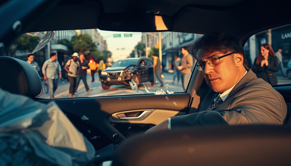 A dramatic urban scene depicting a car accident, with a focus on a distressed driver in a sedan wearing professional business attire. In the foreground, the driver looks concerned while sitting in the driver's seat, with an airbag deployed and shattered glass around. In the middle ground, an accident scene unfolds with another vehicle involved, showcasing crumpled metal and emergency responders attending to the situation. The background features a bustling city street, with onlookers in modest casual clothing observing the scene. The lighting is natural, hinting at late afternoon, casting long shadows while illuminating the details of the accident. The mood is tense and urgent, highlighting the gravity of driver responsibility in road incidents. A dramatic urban scene depicting a car accident, with a focus on a distressed driver in a sedan wearing professional business attire. In the foreground, the driver looks concerned while sitting in the driver's seat, with an airbag deployed and shattered glass around. In the middle ground, an accident scene unfolds with another vehicle involved, showcasing crumpled metal and emergency responders attending to the situation. The background features a bustling city street, with onlookers in modest casual clothing observing the scene. The lighting is natural, hinting at late afternoon, casting long shadows while illuminating the details of the accident. The mood is tense and urgent, highlighting the gravity of driver responsibility in road incidents.