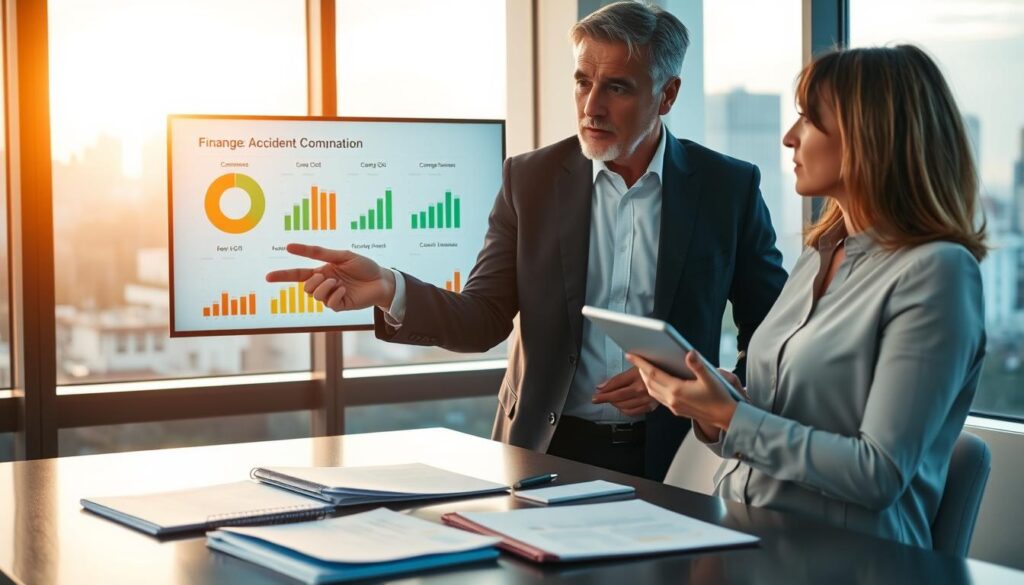 A focused scene in a modern office setting, featuring a middle-aged male and female financial advisor discussing accident compensation. The male advisor, dressed in a tailored suit, is pointing to a digital display showing pie charts and graphs of compensation ranges, while the female advisor, wearing a smart blouse, takes notes on a tablet. In the background, a large window reveals a city skyline, bathed in soft afternoon light that casts a warm glow over the room. The atmosphere is professional and collaborative, with folders and paperwork neatly organized on the desk, emphasizing the theme of calculating damage compensation. The image captures the seriousness of determining financial restitution in a vehicular accident context. A focused scene in a modern office setting, featuring a middle-aged male and female financial advisor discussing accident compensation. The male advisor, dressed in a tailored suit, is pointing to a digital display showing pie charts and graphs of compensation ranges, while the female advisor, wearing a smart blouse, takes notes on a tablet. In the background, a large window reveals a city skyline, bathed in soft afternoon light that casts a warm glow over the room. The atmosphere is professional and collaborative, with folders and paperwork neatly organized on the desk, emphasizing the theme of calculating damage compensation. The image captures the seriousness of determining financial restitution in a vehicular accident context.
