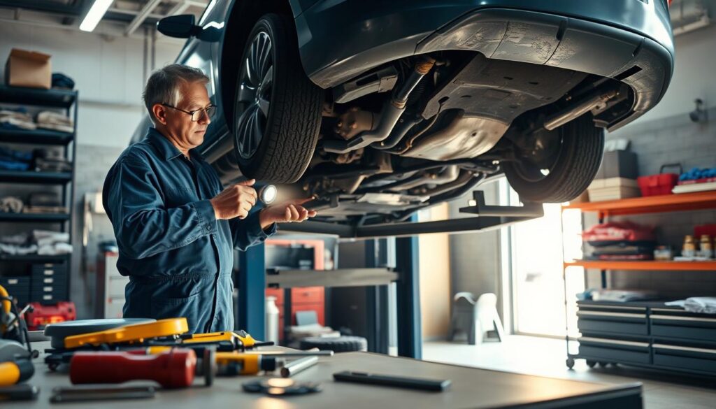 A mechanic in a dimly lit garage discovers hidden damage on a vehicle during repairs. The foreground features the mechanic, a middle-aged individual in a blue jumpsuit, examining a car's undercarriage with a flashlight. Tools are scattered around on a workbench, showcasing the busy environment. In the middle ground, the car is elevated on a hydraulic lift, revealing detailed mechanical components and obscured areas that have sustained damage. The background shows shelves stocked with repair parts and supplies, with soft light filtering through a window, creating a sense of urgency and a focused atmosphere. The image conveys a professional yet tense mood, highlighting the reality of unexpected discoveries during maintenance.