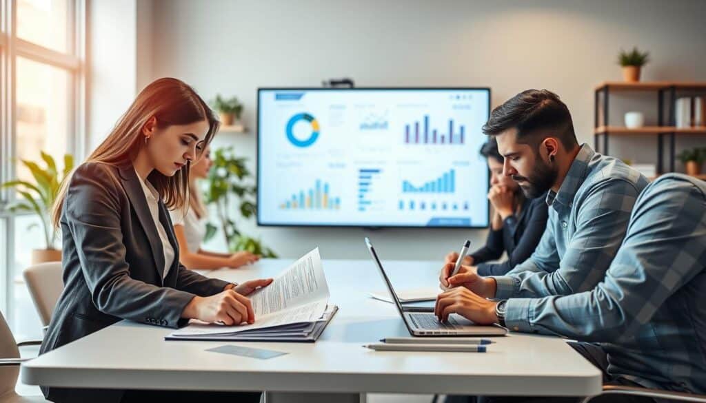 A modern office setting with a diverse group of professionals collaboratively engaged in a verification process. In the foreground, a focused woman in business attire analyzes documents on a sleek table, while a man beside her types notes on a laptop. In the middle ground, a large screen displays charts and graphs, highlighting key data relevant to their discussion. Soft, natural lighting illuminates the space, creating a warm and inviting atmosphere. The background features shelves filled with books and plants, emphasizing a calm and studious environment. The scene captures teamwork and determination, showcasing the importance of evaluation tools in decision-making without any text or distractions. A modern office setting with a diverse group of professionals collaboratively engaged in a verification process. In the foreground, a focused woman in business attire analyzes documents on a sleek table, while a man beside her types notes on a laptop. In the middle ground, a large screen displays charts and graphs, highlighting key data relevant to their discussion. Soft, natural lighting illuminates the space, creating a warm and inviting atmosphere. The background features shelves filled with books and plants, emphasizing a calm and studious environment. The scene captures teamwork and determination, showcasing the importance of evaluation tools in decision-making without any text or distractions.