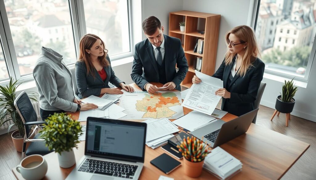 A professional German office setting focusing on road accident claims. In the foreground, a diverse group of three individuals in formal business attire are discussing documents. One person is pointing at a detailed map of Germany illustrating accident hotspots. The middle ground features an organized desk cluttered with papers, a laptop displaying legal forms, and a decorative plant for a touch of warmth. In the background, a large window with natural daylight pouring in, showing a cityscape with typical German architecture. The atmosphere is serious yet collaborative, highlighting the importance of navigating legal claims after a traffic accident. Use soft lighting to create a calm environment, focusing on the human interactions and paperwork involved. The angle should be slightly above eye level, capturing both the individuals and their workspace effectively. A professional German office setting focusing on road accident claims. In the foreground, a diverse group of three individuals in formal business attire are discussing documents. One person is pointing at a detailed map of Germany illustrating accident hotspots. The middle ground features an organized desk cluttered with papers, a laptop displaying legal forms, and a decorative plant for a touch of warmth. In the background, a large window with natural daylight pouring in, showing a cityscape with typical German architecture. The atmosphere is serious yet collaborative, highlighting the importance of navigating legal claims after a traffic accident. Use soft lighting to create a calm environment, focusing on the human interactions and paperwork involved. The angle should be slightly above eye level, capturing both the individuals and their workspace effectively.