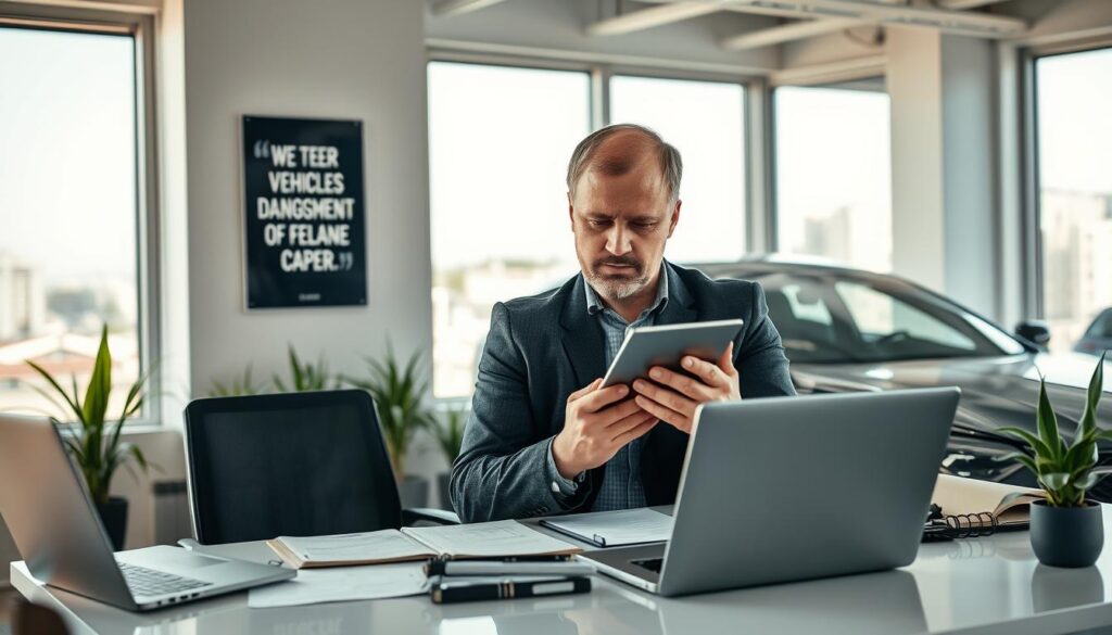 A professional automotive appraiser in a well-lit, modern office setting in Germany, reviewing vehicle damage with a digital tablet in hand. The appraiser, a middle-aged Caucasian man dressed in smart casual attire, is seated at a sleek desk cluttered with vehicle documentation, a laptop, and a notepad. In the background, large windows allow natural light to flood the room, highlighting a cityscape. A motivational poster about professionalism hangs on the wall, and potted plants add a touch of greenery. The atmosphere is focused and diligent, reflecting the importance of a thorough vehicle assessment. Use soft lighting to create a warm, inviting mood, while maintaining a professional ambiance. A professional automotive appraiser in a well-lit, modern office setting in Germany, reviewing vehicle damage with a digital tablet in hand. The appraiser, a middle-aged Caucasian man dressed in smart casual attire, is seated at a sleek desk cluttered with vehicle documentation, a laptop, and a notepad. In the background, large windows allow natural light to flood the room, highlighting a cityscape. A motivational poster about professionalism hangs on the wall, and potted plants add a touch of greenery. The atmosphere is focused and diligent, reflecting the importance of a thorough vehicle assessment. Use soft lighting to create a warm, inviting mood, while maintaining a professional ambiance.