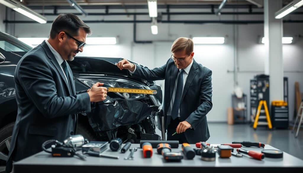A professional automotive expert, dressed in smart business attire, carefully inspecting a damaged vehicle in a well-lit garage setting. The foreground captures the expert using a handheld measuring tool to assess the car's structural integrity, with a focus on the vehicle's crumpled front end. In the middle, various tools and equipment are neatly arranged on a workbench, emphasizing the methodical approach to vehicle assessment. The background features a clean, organized garage with bright overhead lights casting soft shadows, creating a serious yet inviting atmosphere. The image conveys a sense of professionalism and attention to detail, highlighting the role of the expert in determining compensation for vehicle damages. A professional automotive expert, dressed in smart business attire, carefully inspecting a damaged vehicle in a well-lit garage setting. The foreground captures the expert using a handheld measuring tool to assess the car's structural integrity, with a focus on the vehicle's crumpled front end. In the middle, various tools and equipment are neatly arranged on a workbench, emphasizing the methodical approach to vehicle assessment. The background features a clean, organized garage with bright overhead lights casting soft shadows, creating a serious yet inviting atmosphere. The image conveys a sense of professionalism and attention to detail, highlighting the role of the expert in determining compensation for vehicle damages.