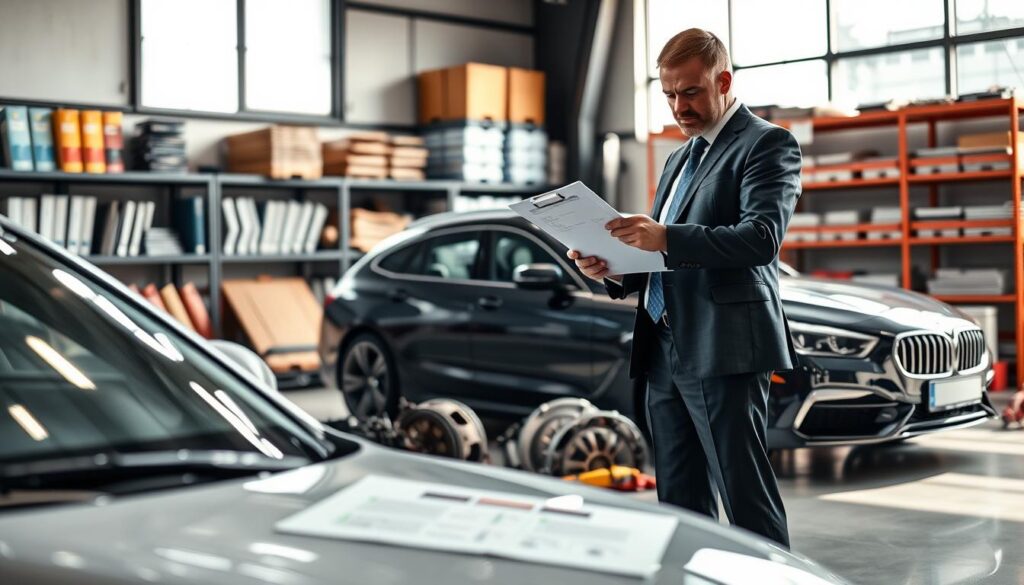 A professional automotive expert examining a car, dressed in smart business attire, stands in a well-lit garage setting. The foreground features a detailed inspection of a luxury vehicle, showcasing the expert holding a clipboard with visible notes and diagrams. In the middle ground, several car parts and tools are neatly arranged, indicating a thorough evaluation process. The background includes shelves filled with automotive manuals and a large window allowing natural light to cascade in, creating a bright and focused atmosphere. The scene conveys a sense of professionalism and expertise in the field of automotive assessments, emphasizing the importance of thorough evaluation in automotive reports. The composition should utilize a sharp focus with a soft blur on the background, highlighting the expert's actions. A professional automotive expert examining a car, dressed in smart business attire, stands in a well-lit garage setting. The foreground features a detailed inspection of a luxury vehicle, showcasing the expert holding a clipboard with visible notes and diagrams. In the middle ground, several car parts and tools are neatly arranged, indicating a thorough evaluation process. The background includes shelves filled with automotive manuals and a large window allowing natural light to cascade in, creating a bright and focused atmosphere. The scene conveys a sense of professionalism and expertise in the field of automotive assessments, emphasizing the importance of thorough evaluation in automotive reports. The composition should utilize a sharp focus with a soft blur on the background, highlighting the expert's actions.