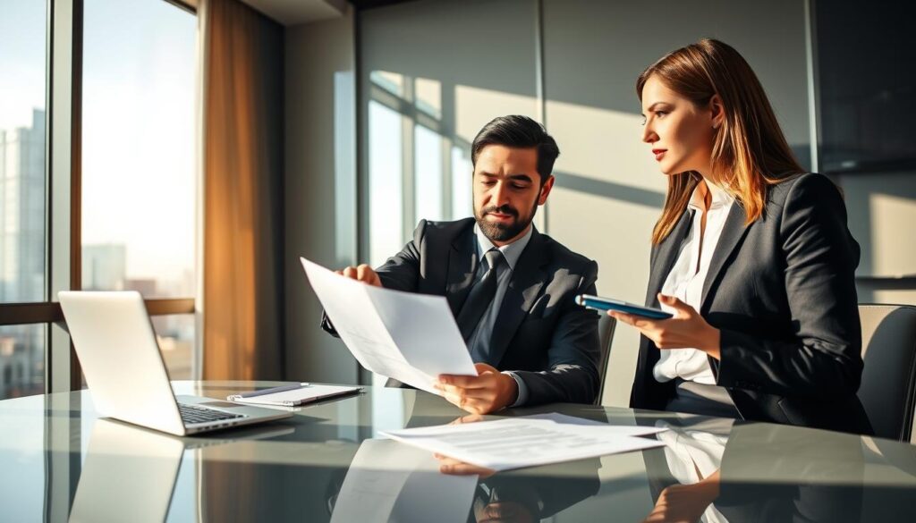 A professional business office setting, depicting a male and female insurance agent seated at a modern conference table, discussing a document. The male agent, in a tailored suit, is pointing to a contract while the female agent, in a smart blouse and skirt, is listening attentively, taking notes. In the background, a large window reveals a cityscape bathed in soft, natural light, casting gentle shadows in the room. The atmosphere is focused and professional, conveying a sense of collaboration and clarity. The lens should be set to a medium angle to capture both agents and the document clearly, ensuring a sense of engagement in the discussion. The overall mood suggests reliability and expertise in handling insurance claims. A professional business office setting, depicting a male and female insurance agent seated at a modern conference table, discussing a document. The male agent, in a tailored suit, is pointing to a contract while the female agent, in a smart blouse and skirt, is listening attentively, taking notes. In the background, a large window reveals a cityscape bathed in soft, natural light, casting gentle shadows in the room. The atmosphere is focused and professional, conveying a sense of collaboration and clarity. The lens should be set to a medium angle to capture both agents and the document clearly, ensuring a sense of engagement in the discussion. The overall mood suggests reliability and expertise in handling insurance claims.