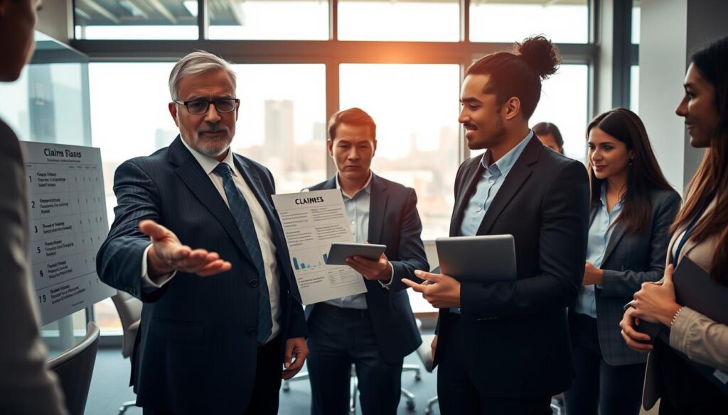 A professional business setting depicting a group of diverse individuals engaged in a discussion about claims and costs. In the foreground, a middle-aged man in a tailored suit is gesturing emphatically toward a chart showing various types of claims. Beside him, a young woman in smart casual attire takes notes on a digital tablet, looking intrigued. In the middle ground, a window reveals a modern cityscape bathed in natural light, while office furniture and a conference table are visible. The atmosphere is collaborative and focused, emphasizing determination and clarity. Soft, warm lighting enhances the professional yet approachable mood, making the scene inviting and engaging. The angle is slightly elevated, providing a comprehensive view of the interaction without distracting elements. The image should convey a sense of urgency and professionalism, relevant to the topic at hand. A professional business setting depicting a group of diverse individuals engaged in a discussion about claims and costs. In the foreground, a middle-aged man in a tailored suit is gesturing emphatically toward a chart showing various types of claims. Beside him, a young woman in smart casual attire takes notes on a digital tablet, looking intrigued. In the middle ground, a window reveals a modern cityscape bathed in natural light, while office furniture and a conference table are visible. The atmosphere is collaborative and focused, emphasizing determination and clarity. Soft, warm lighting enhances the professional yet approachable mood, making the scene inviting and engaging. The angle is slightly elevated, providing a comprehensive view of the interaction without distracting elements. The image should convey a sense of urgency and professionalism, relevant to the topic at hand.