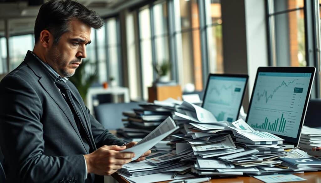 A professional business setting highlighting financial pitfalls associated with quick transfers. The foreground features a concerned individual in smart casual attire, examining documentation with a furrowed brow, symbolizing uncertainty. In the middle, a cluttered desk overflowing with bills, charts, and a laptop displaying confusing graphs reflects the stress of financial decisions. The background shows a softly blurred, modern office environment with large windows allowing natural light to illuminate the scene, casting gentle shadows. The mood is tense yet contemplative, inviting viewers to ponder the complexities of rapid transactions. The composition is shot from a slightly elevated angle, creating depth and emphasizing the chaotic nature of financial dealings. A professional business setting highlighting financial pitfalls associated with quick transfers. The foreground features a concerned individual in smart casual attire, examining documentation with a furrowed brow, symbolizing uncertainty. In the middle, a cluttered desk overflowing with bills, charts, and a laptop displaying confusing graphs reflects the stress of financial decisions. The background shows a softly blurred, modern office environment with large windows allowing natural light to illuminate the scene, casting gentle shadows. The mood is tense yet contemplative, inviting viewers to ponder the complexities of rapid transactions. The composition is shot from a slightly elevated angle, creating depth and emphasizing the chaotic nature of financial dealings.
