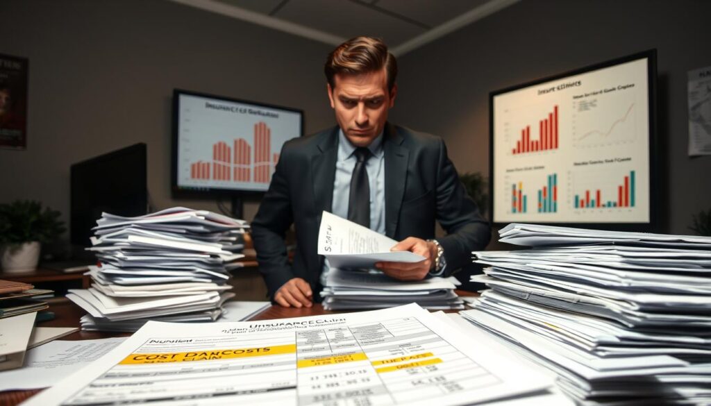 A professional insurance adjuster, dressed in smart business attire, stands at a cluttered desk filled with stacks of paperwork and cost estimates, looking frustrated. In the foreground, a partially completed insurance claim form is visible with highlighted areas that indicate omitted damages. The middle ground features a large computer screen displaying graphs and charts representing the cut costs and damages overlooked. The background includes a muted office space with dim lighting that conveys a tense atmosphere. A subtle spotlight highlights the adjuster's expression, emphasizing the stress of dealing with underestimates and hidden damages. Use a realistic style to capture the weight of the situation while maintaining a professional tone.