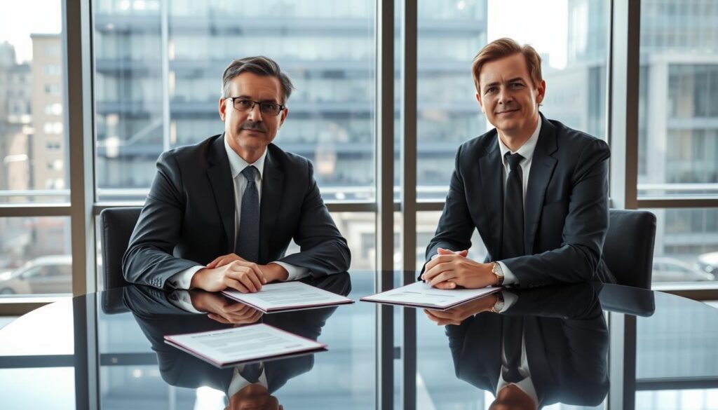 A professional lawyer in a business suit is seated at a sleek conference table, engaged in conversation with a representative from a German insurance company, who is also in formal attire. Their expressions are serious yet focused, suggesting a constructive dialogue. The setting features a modern office with large windows allowing natural light to pour in, reflecting a dynamic urban landscape outside. Papers and documents are spread out on the table, emphasizing the legal context. Soft, diffused lighting creates a professional and reassuring mood, while the angle captures both individuals clearly, mid-discussion, conveying the importance of their interaction in the aftermath of an accident in Germany.