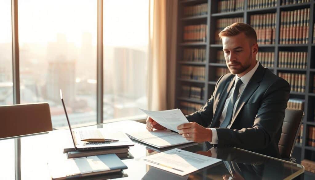 A professional lawyer in a modern office setting, dressed in a sharp business suit, sits at a sleek glass table reviewing documents related to insurance claims. The foreground features legal papers and a laptop, with a soft focus on the lawyer. In the middle ground, a large window reveals a cityscape, bathed in warm afternoon sunlight filtering through sheer curtains, creating a calm ambiance. In the background, bookshelves filled with legal texts hint at expertise in legal affairs. The overall mood is serious yet professional, reflecting the intricate nature of legal proceedings related to hidden costs and insurance claims. The image captures a sense of diligence and focus, emphasizing the intersection between legal protection and the insurance process.