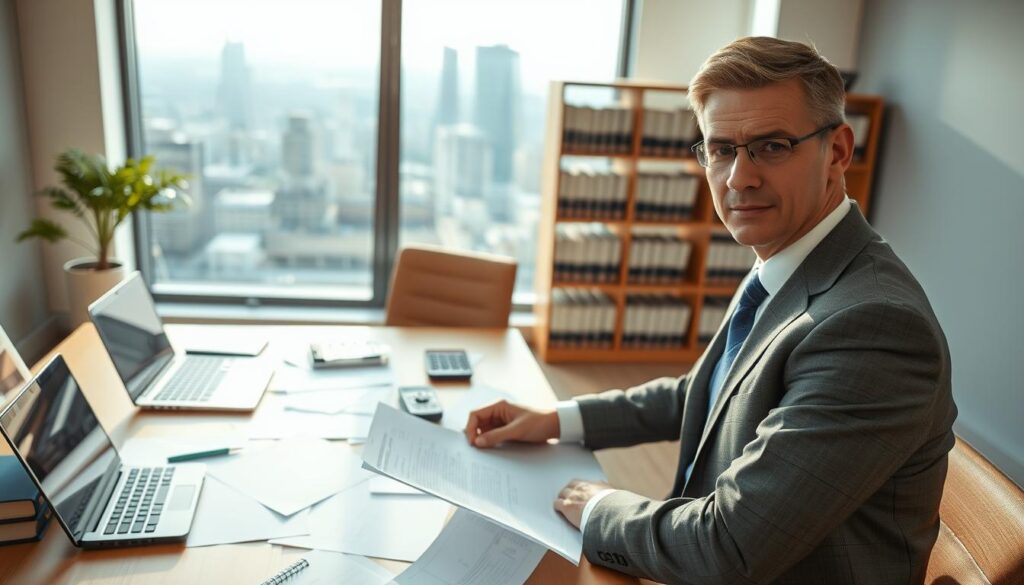 A professional lawyer in a modern office setting, reviewing legal documents regarding insurance claims. The foreground features a focused individual dressed in business attire, with a look of determination and concentration. In the middle, a large desk is cluttered with paperwork, a laptop, and a calculator, reflecting the complexities of handling damage claims. In the background, a bookshelf filled with legal books and a window showing a cityscape under soft, natural daylight creates an atmosphere of professionalism and focus. The warm lighting casts a friendly glow, emphasizing the seriousness of the subject matter while maintaining a sense of hopefulness. The angle captures the lawyer's engaged expression and the detailed environment, conveying a narrative of seeking legal assistance wisely during complex insurance processes. A professional lawyer in a modern office setting, reviewing legal documents regarding insurance claims. The foreground features a focused individual dressed in business attire, with a look of determination and concentration. In the middle, a large desk is cluttered with paperwork, a laptop, and a calculator, reflecting the complexities of handling damage claims. In the background, a bookshelf filled with legal books and a window showing a cityscape under soft, natural daylight creates an atmosphere of professionalism and focus. The warm lighting casts a friendly glow, emphasizing the seriousness of the subject matter while maintaining a sense of hopefulness. The angle captures the lawyer's engaged expression and the detailed environment, conveying a narrative of seeking legal assistance wisely during complex insurance processes.