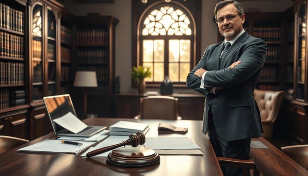 A professional legal setting showcasing the concept of "prawo odszkodowawcze." In the foreground, a confident lawyer in a tailored suit stands with arms crossed, representing authority and expertise. In the middle ground, a table covered with legal documents, a gavel, and a laptop, symbolizing the legal processes involved in compensation claims. The background features a dimly-lit law office with bookshelves filled with law books and a beautifully designed window allowing soft, warm light to filter in, creating a serious yet approachable atmosphere. The angle captures both the lawyer's expressions and the intricate details of the office, emphasizing professionalism and the complexity of legal conditions pertaining to compensations. The mood is one of seriousness and dedication to justice. A professional legal setting showcasing the concept of "prawo odszkodowawcze." In the foreground, a confident lawyer in a tailored suit stands with arms crossed, representing authority and expertise. In the middle ground, a table covered with legal documents, a gavel, and a laptop, symbolizing the legal processes involved in compensation claims. The background features a dimly-lit law office with bookshelves filled with law books and a beautifully designed window allowing soft, warm light to filter in, creating a serious yet approachable atmosphere. The angle captures both the lawyer's expressions and the intricate details of the office, emphasizing professionalism and the complexity of legal conditions pertaining to compensations. The mood is one of seriousness and dedication to justice.