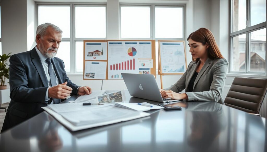 A professional loss adjuster and cost estimator analyze damage in a bright office setting. In the foreground, the loss adjuster, a middle-aged man in a smart business suit, is examining documents and a detailed damage report on a sleek desk. Beside him, a young woman in professional attire is using a laptop, displaying images of the damaged property. In the middle ground, charts and graphs reflecting cost estimates are pinned on a bulletin board. The background features large windows with natural light streaming in, illuminating the room and creating a focused yet approachable atmosphere. The mood is serious and professional, conveying diligence and expertise in assessing damage accurately. The image has a slight depth of field effect, emphasizing the foreground while retaining clarity in the background. A professional loss adjuster and cost estimator analyze damage in a bright office setting. In the foreground, the loss adjuster, a middle-aged man in a smart business suit, is examining documents and a detailed damage report on a sleek desk. Beside him, a young woman in professional attire is using a laptop, displaying images of the damaged property. In the middle ground, charts and graphs reflecting cost estimates are pinned on a bulletin board. The background features large windows with natural light streaming in, illuminating the room and creating a focused yet approachable atmosphere. The mood is serious and professional, conveying diligence and expertise in assessing damage accurately. The image has a slight depth of field effect, emphasizing the foreground while retaining clarity in the background.