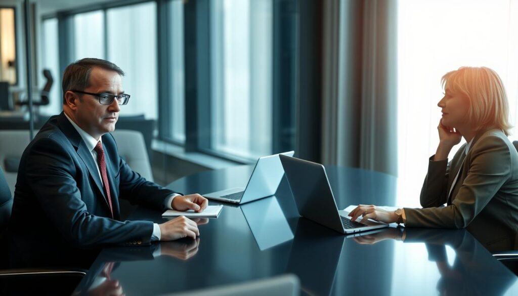 A professional meeting in an office setting where a Polish representative is engaged in a conversation with a German insurance agent. In the foreground, the two individuals are seated at a sleek modern conference table, both dressed in professional business attire. The Polish representative has a look of determination, while the German agent appears attentive and supportive. In the middle ground, a laptop and paperwork are visible, signifying the exchange of important information. The background features a large window with soft, natural light filtering in, creating an atmosphere of clarity and focus. The mood is collaborative and positive, emphasizing the importance of effective communication in professional settings. A professional meeting in an office setting where a Polish representative is engaged in a conversation with a German insurance agent. In the foreground, the two individuals are seated at a sleek modern conference table, both dressed in professional business attire. The Polish representative has a look of determination, while the German agent appears attentive and supportive. In the middle ground, a laptop and paperwork are visible, signifying the exchange of important information. The background features a large window with soft, natural light filtering in, creating an atmosphere of clarity and focus. The mood is collaborative and positive, emphasizing the importance of effective communication in professional settings.