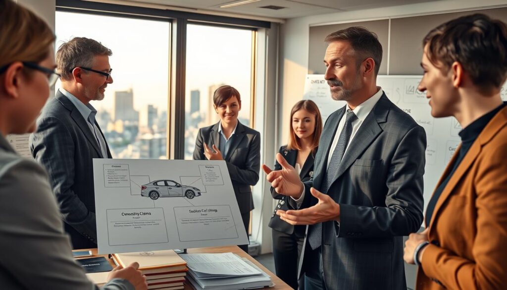 A professional, modern office setting featuring a diverse group of individuals discussing vehicle ownership under German law. In the foreground, a middle-aged man in a smart suit is explaining legal concepts, gesturing towards a diagram of a car with key ownership points. Beside him, a woman in professional attire is taking notes, while a young analyst, casually dressed, observes thoughtfully. In the middle ground, a large window reveals the city skyline, bathed in warm afternoon light, casting soft shadows. The background features legal books and a whiteboard filled with charts about vehicle claims and regulations, enhancing the atmosphere of a focused legal discussion. The image should evoke a sense of professionalism and clarity, emphasizing the concept of vehicle ownership rights in Germany. A professional, modern office setting featuring a diverse group of individuals discussing vehicle ownership under German law. In the foreground, a middle-aged man in a smart suit is explaining legal concepts, gesturing towards a diagram of a car with key ownership points. Beside him, a woman in professional attire is taking notes, while a young analyst, casually dressed, observes thoughtfully. In the middle ground, a large window reveals the city skyline, bathed in warm afternoon light, casting soft shadows. The background features legal books and a whiteboard filled with charts about vehicle claims and regulations, enhancing the atmosphere of a focused legal discussion. The image should evoke a sense of professionalism and clarity, emphasizing the concept of vehicle ownership rights in Germany.
