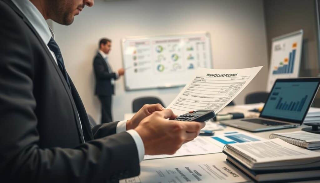 A professional office environment focused on insurance claims processing. In the foreground, a business professional in smart attire, analyzing a detailed cost estimation document with a calculator, showcasing the theme of cost assessment and insurance adjustments. In the middle, a cluttered desk with papers, legal texts, and a laptop displaying data graphs about insurance regulations. In the background, a meeting area with a whiteboard featuring charts and notes on recent regulatory changes. Soft, indirect lighting creates a calm and serious atmosphere, emphasizing focus and diligence. The image should have a slight depth of field effect, keeping the foreground sharp while gently blurring the background details to enhance the central theme. A professional office environment focused on insurance claims processing. In the foreground, a business professional in smart attire, analyzing a detailed cost estimation document with a calculator, showcasing the theme of cost assessment and insurance adjustments. In the middle, a cluttered desk with papers, legal texts, and a laptop displaying data graphs about insurance regulations. In the background, a meeting area with a whiteboard featuring charts and notes on recent regulatory changes. Soft, indirect lighting creates a calm and serious atmosphere, emphasizing focus and diligence. The image should have a slight depth of field effect, keeping the foreground sharp while gently blurring the background details to enhance the central theme.