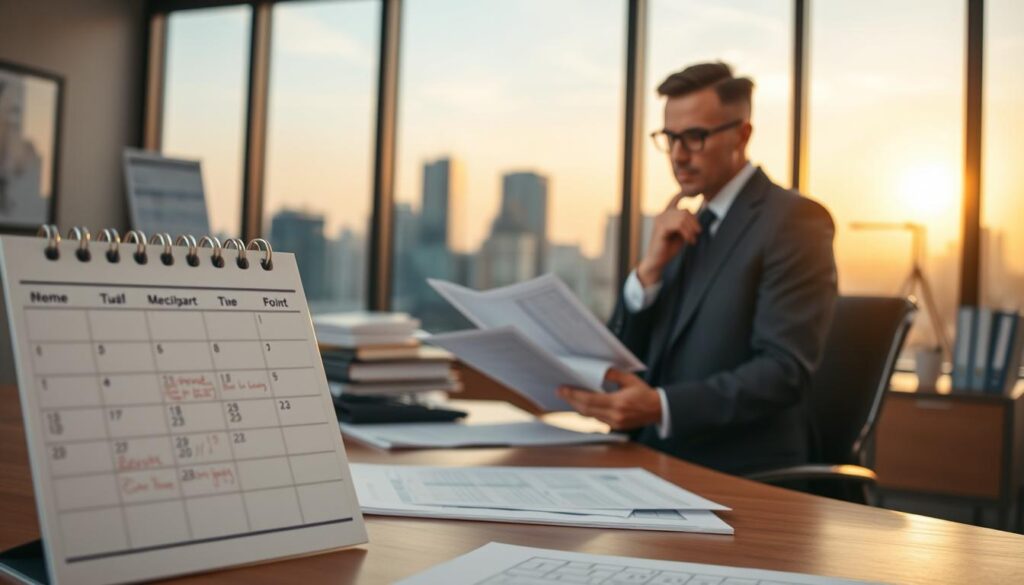 A professional office environment focused on the concept of "claim expiration." In the foreground, a neatly organized desk with a close-up of a calendar, highlighting important dates and notes about claims. In the middle, a thoughtful business professional, dressed in smart attire, analyzing documents related to insurance claims, with a concerned expression. In the background, a large window reveals a cityscape at dawn, symbolizing new beginnings and the passage of time. Natural light floods the room, creating a warm yet serious atmosphere. Use a soft focus on the background, emphasizing clarity on the foreground elements. The overall mood reflects reflection, urgency, and the importance of timing in insurance claims.