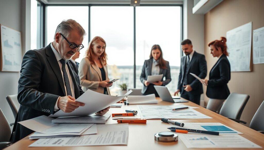 A professional office environment in Germany, featuring a diverse group of individuals engaged in a technical consultation. In the foreground, a middle-aged male expert in a suit reviews documents and blueprints, with a focused expression. A businesswoman next to him, also in professional attire, takes notes on a laptop, highlighting an organized workspace. In the middle ground, a large conference table is set with technical tools and reference materials, while a large window shows a cloudy day outside, subtly enhancing the indoor lighting. The background reveals modern office decor, including charts and technical diagrams displayed on the walls. The overall atmosphere is one of collaboration, professionalism, and meticulousness, conveying a step-by-step approach to conducting technical assessments in Germany. Soft, natural lighting creates a warm yet focused environment.