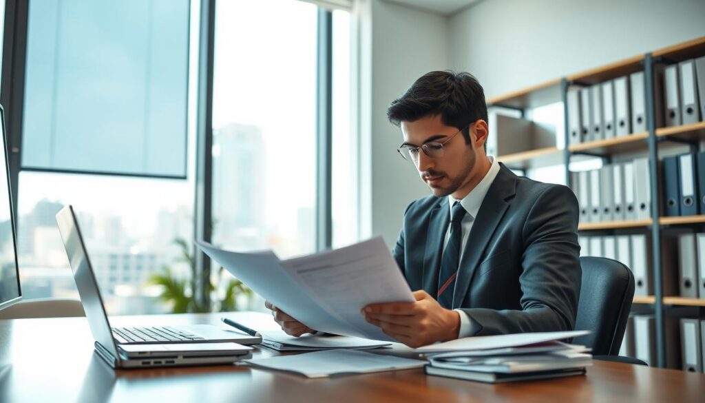A professional office scene depicting an insurance claim process. In the foreground, a neatly dressed individual, wearing business attire, is seated at a desk, examining accident documentation with focused intent. On the desk, there is a pile of papers, a laptop, and a pen. The middle layer showcases a large window revealing a glimpse of a cityscape outside, allowing soft daylight to illuminate the space, creating a bright and optimistic atmosphere. In the background, shelves filled with organized folders and files emphasize the bureaucratic theme. The overall mood conveys diligence and professionalism, reflecting the procedure of reporting damage and preparing a claim. The perspective should be slightly angled to capture both the subject at the desk and the surrounding office environment clearly. A professional office scene depicting an insurance claim process. In the foreground, a neatly dressed individual, wearing business attire, is seated at a desk, examining accident documentation with focused intent. On the desk, there is a pile of papers, a laptop, and a pen. The middle layer showcases a large window revealing a glimpse of a cityscape outside, allowing soft daylight to illuminate the space, creating a bright and optimistic atmosphere. In the background, shelves filled with organized folders and files emphasize the bureaucratic theme. The overall mood conveys diligence and professionalism, reflecting the procedure of reporting damage and preparing a claim. The perspective should be slightly angled to capture both the subject at the desk and the surrounding office environment clearly.