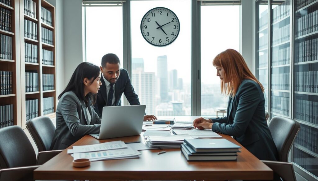 A professional office setting depicting a serious discussion on insurance claims. In the foreground, a diverse group of three individuals in business attire—a woman of Asian descent, a man of African descent, and a woman of Caucasian descent—huddled around a conference table strewn with documents, a laptop displaying graphs, and insurance paperwork. In the middle, a large window allows natural light to flood the room, casting soft shadows, while a wall clock subtly indicates the passage of time. The background features bookshelves filled with legal texts and a modern cityscape visible outside. The atmosphere conveys a sense of urgency and professionalism, emphasizing the importance of timely claims and legal processes, with a cool color palette to enhance the seriousness of the subject. A professional office setting depicting a serious discussion on insurance claims. In the foreground, a diverse group of three individuals in business attire—a woman of Asian descent, a man of African descent, and a woman of Caucasian descent—huddled around a conference table strewn with documents, a laptop displaying graphs, and insurance paperwork. In the middle, a large window allows natural light to flood the room, casting soft shadows, while a wall clock subtly indicates the passage of time. The background features bookshelves filled with legal texts and a modern cityscape visible outside. The atmosphere conveys a sense of urgency and professionalism, emphasizing the importance of timely claims and legal processes, with a cool color palette to enhance the seriousness of the subject.