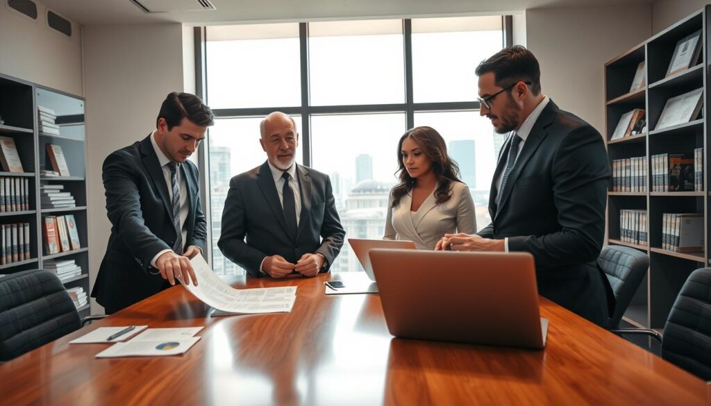 A professional office setting, featuring a diverse group of individuals engaged in a discussion regarding insurance claims. In the foreground, a businessman in a suit is pointing at a document on a conference table, while a woman in a smart dress is taking notes on a laptop, both focused and engaged. The middle ground shows a large window with bright natural light illuminating the room, and shelves filled with legal books and insurance pamphlets. In the background, a cityscape is visible through the window, hinting at a busy urban environment. The atmosphere is collaborative and serious, evoking a sense of professionalism and financial diligence. Captured in a well-lit, high-resolution style, emphasizing clarity and detail in facial expressions and surroundings.