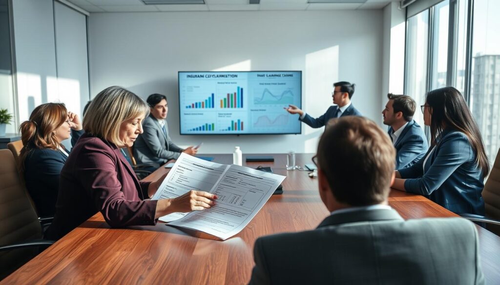 A professional office setting featuring a diverse group of people engaged in a discussion around a large wooden conference table. In the foreground, a middle-aged woman in business attire reviews documents containing cost and claims details related to insurance compensation. In the middle, a young man points to a digital screen displaying graphs and charts about various claims types. The background showcases a large window with natural sunlight streaming in, casting soft shadows across the room. The atmosphere is serious yet collaborative, emphasizing the importance of understanding insurance compensation. The lighting is bright and professional, highlighting the expressions of concentration and teamwork among the participants. A professional office setting featuring a diverse group of people engaged in a discussion around a large wooden conference table. In the foreground, a middle-aged woman in business attire reviews documents containing cost and claims details related to insurance compensation. In the middle, a young man points to a digital screen displaying graphs and charts about various claims types. The background showcases a large window with natural sunlight streaming in, casting soft shadows across the room. The atmosphere is serious yet collaborative, emphasizing the importance of understanding insurance compensation. The lighting is bright and professional, highlighting the expressions of concentration and teamwork among the participants.