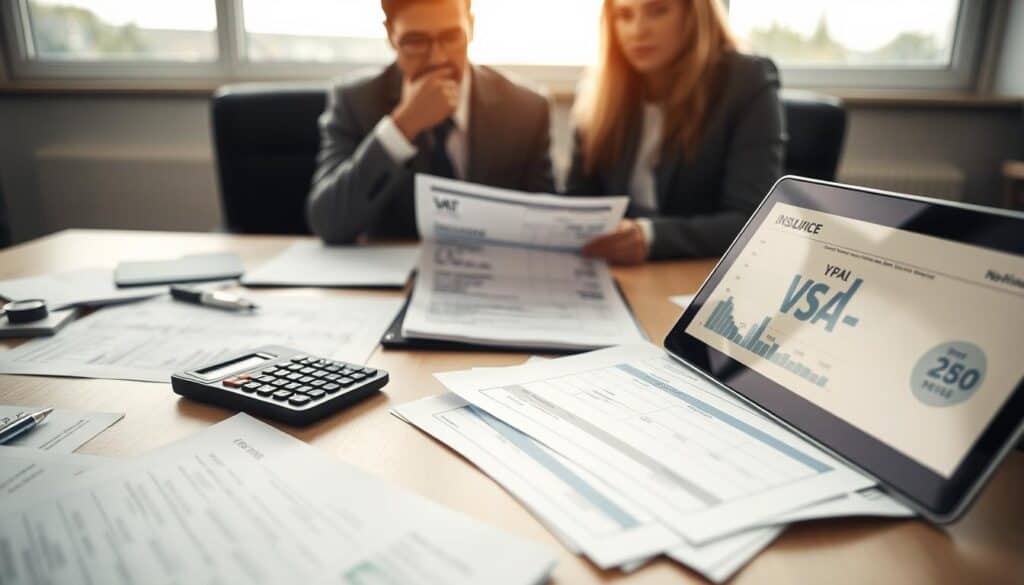 A professional office setting focused on automotive insurance claims. In the foreground, a neatly organized desk with documents detailing vehicle damage assessments, a calculator, and a laptop displaying graphs related to VAT calculations. In the middle, a thoughtful insurance agent, dressed in business attire, is analyzing a repair invoice and discussing it with a client, reflecting concern over compensation rates. In the background, a window shows a bright day outside, symbolizing clarity and transparency in claims. The atmosphere is focused and professional, with soft, natural lighting illuminating the workspace, creating a calm and analytical mood. The angle is slightly elevated, capturing the interaction between the agent and the client, emphasizing the importance of understanding compensatory aspects like VAT. A professional office setting focused on automotive insurance claims. In the foreground, a neatly organized desk with documents detailing vehicle damage assessments, a calculator, and a laptop displaying graphs related to VAT calculations. In the middle, a thoughtful insurance agent, dressed in business attire, is analyzing a repair invoice and discussing it with a client, reflecting concern over compensation rates. In the background, a window shows a bright day outside, symbolizing clarity and transparency in claims. The atmosphere is focused and professional, with soft, natural lighting illuminating the workspace, creating a calm and analytical mood. The angle is slightly elevated, capturing the interaction between the agent and the client, emphasizing the importance of understanding compensatory aspects like VAT.
