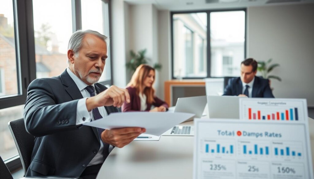 A professional office setting in Germany, featuring a group of business people engaged in a serious discussion around a conference table. In the foreground, a middle-aged man in a smart suit is pointing at a document, emphasizing key points related to compensation rates. To his left, a focused woman with glasses takes notes on her laptop, while another colleague reviews a chart displaying statistical data on German compensation standards. In the background, large windows let in natural light, casting a bright yet professional atmosphere. The room features modern decor with a minimalist style, enhancing the tone of professionalism and seriousness regarding the subject of damage compensation laws in Germany. Capture the moment with a slight depth of field to emphasize the interaction at the table.
