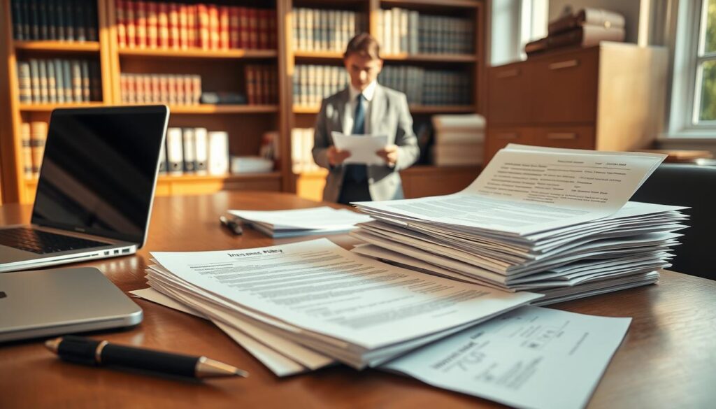 A professional office setting that illustrates the documentation needed for insurance claim processing. In the foreground, a neatly arranged wooden desk displays a stack of documents, including an insurance policy, claim forms, and receipts, all meticulously organized. To the left, a closed laptop and a pen are placed, indicating a business context. In the middle, a soft-focus image of a person in professional attire reviews papers, demonstrating seriousness and diligence. The background features bookshelves filled with legal texts and a filing cabinet, conveying an air of authority. Warm, natural lighting filters through a nearby window, casting gentle shadows that enhance the inviting atmosphere of the space. The overall mood is professional and focused, suitable for conveying the importance of proper documentation in the claims process. A professional office setting that illustrates the documentation needed for insurance claim processing. In the foreground, a neatly arranged wooden desk displays a stack of documents, including an insurance policy, claim forms, and receipts, all meticulously organized. To the left, a closed laptop and a pen are placed, indicating a business context. In the middle, a soft-focus image of a person in professional attire reviews papers, demonstrating seriousness and diligence. The background features bookshelves filled with legal texts and a filing cabinet, conveying an air of authority. Warm, natural lighting filters through a nearby window, casting gentle shadows that enhance the inviting atmosphere of the space. The overall mood is professional and focused, suitable for conveying the importance of proper documentation in the claims process.