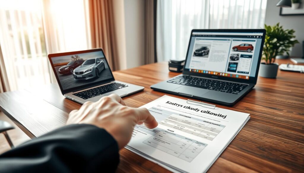 A professional office setting with a detailed damage assessment report titled “Kosztorys szkody całkowitej” prominently displayed on a large wooden desk. In the foreground, a pair of hands in formal business attire is pointing to specific sections of the document, indicating attention to detail. The middle ground features a laptop open with spreadsheets and images of a damaged vehicle on the screen. In the background, a large window allows natural light to flood in, illuminating the room and creating a warm, inviting atmosphere. The scene captures a sense of diligence and professionalism, emphasizing the importance of accurate damage assessment during vehicle repair claims. Soft shadows and crisp focus enhance the realism of the workspace. A professional office setting with a detailed damage assessment report titled “Kosztorys szkody całkowitej” prominently displayed on a large wooden desk. In the foreground, a pair of hands in formal business attire is pointing to specific sections of the document, indicating attention to detail. The middle ground features a laptop open with spreadsheets and images of a damaged vehicle on the screen. In the background, a large window allows natural light to flood in, illuminating the room and creating a warm, inviting atmosphere. The scene captures a sense of diligence and professionalism, emphasizing the importance of accurate damage assessment during vehicle repair claims. Soft shadows and crisp focus enhance the realism of the workspace.