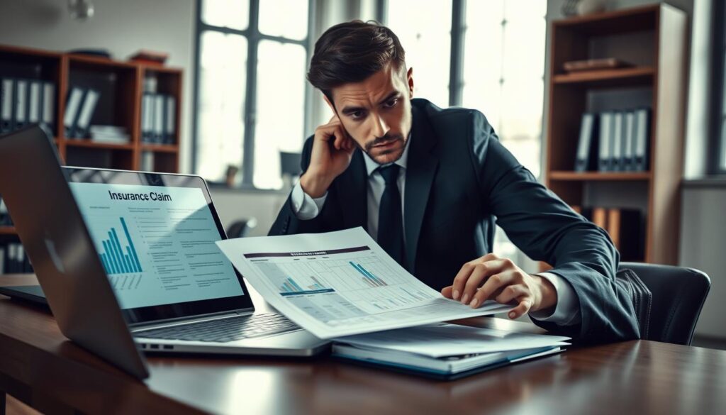A professional office setting with a focus on a determined individual in business attire reviewing documents at a desk. In the foreground, the person is examining an insurance claim file, looking focused and contemplative. In the middle ground, a large window lets in natural light, casting soft shadows, enhancing the seriousness of the moment. On the desk, alongside the file, there's a laptop displaying graphs and notes, symbolizing analytical assessment. In the background, shelves lined with folders signify organization and diligence. The atmosphere is tense yet hopeful, capturing the essence of perseverance in the face of bureaucratic challenges, while the color palette includes cool tones to signify professionalism and clarity. A professional office setting with a focus on a determined individual in business attire reviewing documents at a desk. In the foreground, the person is examining an insurance claim file, looking focused and contemplative. In the middle ground, a large window lets in natural light, casting soft shadows, enhancing the seriousness of the moment. On the desk, alongside the file, there's a laptop displaying graphs and notes, symbolizing analytical assessment. In the background, shelves lined with folders signify organization and diligence. The atmosphere is tense yet hopeful, capturing the essence of perseverance in the face of bureaucratic challenges, while the color palette includes cool tones to signify professionalism and clarity.