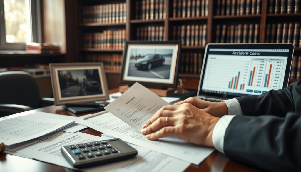 A professional office setting, with a focused scene on a desk cluttered with legal documents, a calculator, and a laptop displaying charts related to accident costs. In the foreground, a pair of hands in business attire are reviewing a legal contract. The middle ground features a framed photograph of a car accident site, hinting at the context of the expenses. Soft, natural lighting filters through a nearby window, creating a somber yet professional atmosphere. The background shows bookshelves filled with law books, indicating a lawyer's office. The overall mood conveys the seriousness and complexity of legal costs and damages associated with accidents, emphasizing the importance of legal advice beyond just vehicle repairs. A professional office setting, with a focused scene on a desk cluttered with legal documents, a calculator, and a laptop displaying charts related to accident costs. In the foreground, a pair of hands in business attire are reviewing a legal contract. The middle ground features a framed photograph of a car accident site, hinting at the context of the expenses. Soft, natural lighting filters through a nearby window, creating a somber yet professional atmosphere. The background shows bookshelves filled with law books, indicating a lawyer's office. The overall mood conveys the seriousness and complexity of legal costs and damages associated with accidents, emphasizing the importance of legal advice beyond just vehicle repairs.