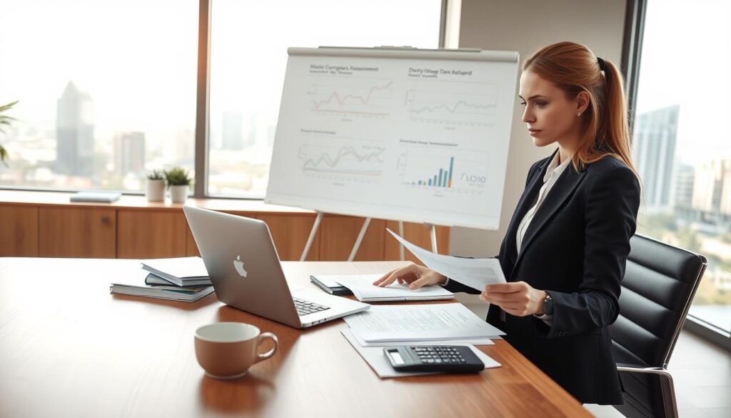 A professional office setting with a spacious wooden desk and a large window revealing a view of a German city skyline. In the foreground, a well-dressed businesswoman is reviewing documents and calculating figures on a laptop. She appears focused and analytical, dressed in formal business attire. On the desk, there are neatly arranged files, a calculator, and a cup of coffee, emphasizing the theme of meticulous financial assessment. In the middle ground, a large whiteboard covered with diagrams and financial charts provides context to the discussion about comprehensive damage assessment after an accident. Soft natural light filters through the window, creating a calm and serious atmosphere, ideal for a professional financial analysis.