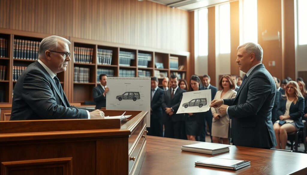 A professional setting depicting a German courtroom scene, emphasizing the theme of vehicle operator responsibility under § 18 StVG. In the foreground, a judge in formal attire presides over a wooden bench, looking stern yet impartial, while a lawyer presents evidence, pointing towards a detailed diagram of a vehicle accident. The middle ground features a diverse group of individuals in business attire, including witnesses and jurors, attentively engaged in the proceedings. The background showcases elements of a modern courtroom, with high ceilings, wooden paneling, and bookshelves filled with legal texts. Soft, natural lighting streams through tall windows, casting a warm glow that creates a serious but focused atmosphere, capturing the weight of legal responsibility. A professional setting depicting a German courtroom scene, emphasizing the theme of vehicle operator responsibility under § 18 StVG. In the foreground, a judge in formal attire presides over a wooden bench, looking stern yet impartial, while a lawyer presents evidence, pointing towards a detailed diagram of a vehicle accident. The middle ground features a diverse group of individuals in business attire, including witnesses and jurors, attentively engaged in the proceedings. The background showcases elements of a modern courtroom, with high ceilings, wooden paneling, and bookshelves filled with legal texts. Soft, natural lighting streams through tall windows, casting a warm glow that creates a serious but focused atmosphere, capturing the weight of legal responsibility.