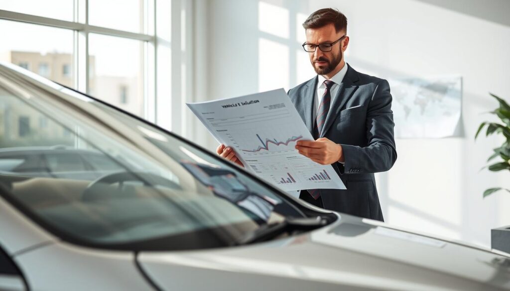 A professional setting depicting a car in the foreground, showing signs of depreciation such as scratches and a faded paint job. In the middle, an analytical businessperson in formal attire examines a detailed report on vehicle valuation, with graphs and charts illustrating financial loss due to reduced vehicle worth. The background features an office environment with a large window allowing natural light to filter in, casting gentle shadows. The atmosphere is serious yet focused, emphasizing the importance of understanding depreciation as a distinct aspect of vehicle claims. The lighting should be bright and clear, projecting a sense of clarity and professionalism. A professional setting depicting a car in the foreground, showing signs of depreciation such as scratches and a faded paint job. In the middle, an analytical businessperson in formal attire examines a detailed report on vehicle valuation, with graphs and charts illustrating financial loss due to reduced vehicle worth. The background features an office environment with a large window allowing natural light to filter in, casting gentle shadows. The atmosphere is serious yet focused, emphasizing the importance of understanding depreciation as a distinct aspect of vehicle claims. The lighting should be bright and clear, projecting a sense of clarity and professionalism.