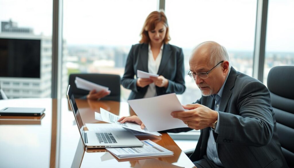 A professional setting depicting a consultancy meeting for selecting an expert loss adjuster to assess damage in Germany. In the foreground, a middle-aged man in a tailored suit is reviewing documents at a polished conference table, showcasing a laptop and reports. He appears focused and engaged. In the middle ground, a woman in a smart blazer takes notes, her expression thoughtful, suggesting collaboration. Behind them, a large window reveals a modern cityscape with clear skies, adding to the professional atmosphere. The lighting is bright and neutral, highlighting the seriousness of the discussion, while a soft-focus effect blurs distant details, directing attention to the central figures. The overall mood should reflect professionalism and diligence in decision-making. A professional setting depicting a consultancy meeting for selecting an expert loss adjuster to assess damage in Germany. In the foreground, a middle-aged man in a tailored suit is reviewing documents at a polished conference table, showcasing a laptop and reports. He appears focused and engaged. In the middle ground, a woman in a smart blazer takes notes, her expression thoughtful, suggesting collaboration. Behind them, a large window reveals a modern cityscape with clear skies, adding to the professional atmosphere. The lighting is bright and neutral, highlighting the seriousness of the discussion, while a soft-focus effect blurs distant details, directing attention to the central figures. The overall mood should reflect professionalism and diligence in decision-making.