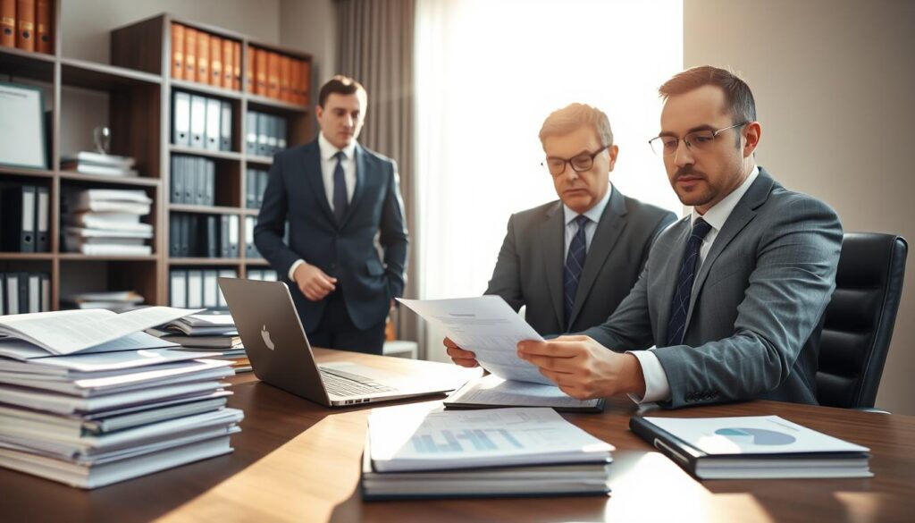 A professional setting depicting a lawyer and an assessor working together in an office. In the foreground, the lawyer, dressed in a tailored suit, is seated at a sleek desk, reviewing documents with a focused expression. The assessor, in business attire, stands beside him, pointing at key details on a document. In the middle, there are organized stacks of files, a laptop open with charts, and legal books on the shelves behind them. The background showcases a large window with natural sunlight streaming in, creating a warm and inviting atmosphere. Soft shadows highlight their serious expressions, conveying a mood of professionalism and collaboration. The camera angle is slightly elevated, capturing the dynamics of their interaction. A professional setting depicting a lawyer and an assessor working together in an office. In the foreground, the lawyer, dressed in a tailored suit, is seated at a sleek desk, reviewing documents with a focused expression. The assessor, in business attire, stands beside him, pointing at key details on a document. In the middle, there are organized stacks of files, a laptop open with charts, and legal books on the shelves behind them. The background showcases a large window with natural sunlight streaming in, creating a warm and inviting atmosphere. Soft shadows highlight their serious expressions, conveying a mood of professionalism and collaboration. The camera angle is slightly elevated, capturing the dynamics of their interaction.