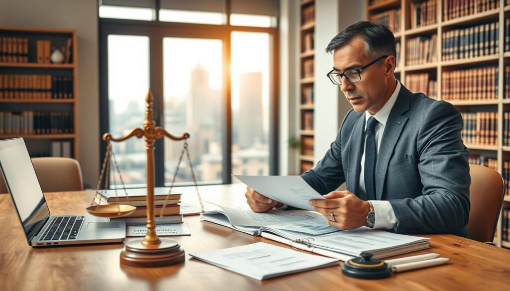 A professional setting depicting the concept of legal compensation and damage assessment. In the foreground, a serious-looking expert in business attire, a male figure with glasses, is analyzing documents and graphs on a wooden desk, surrounded by legal texts and a laptop. In the middle ground, a large window reveals a cityscape, with natural light streaming in to create an inviting atmosphere. A scale of justice sits on the desk, symbolizing fairness and legal processes. The background features shelves filled with legal books, emphasizing the depth of knowledge and authority. The overall mood is one of professionalism and focus, with warm lighting to convey a sense of trust and diligence in the legal profession.