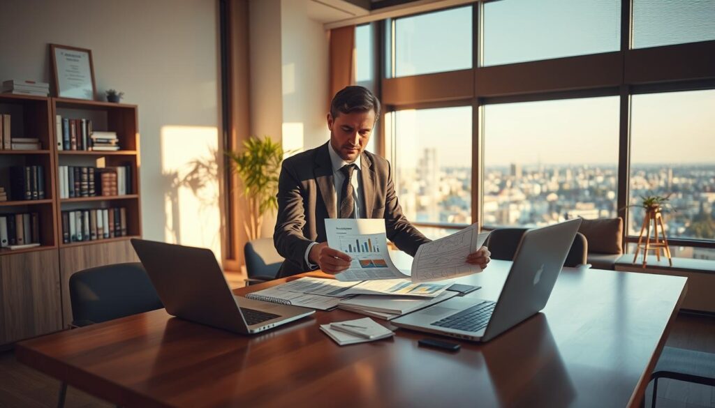 A professional setting in an office in Germany showcasing the cost assessment process for technical opinions. In the foreground, a business professional in formal attire analyzes documents on a polished wooden desk, surrounded by a laptop, charts, and technical reports. The middle ground features a large window with a view of a modern cityscape, allowing natural light to flood the space, casting soft shadows. In the background, there are shelves filled with technical books and framed certifications. The atmosphere is serious yet focused, conveying a sense of professionalism and analytical rigor, enhanced by warm lighting that creates an inviting yet formal mood. The focus is on the deliberate evaluation of costs and technical opinions. A professional setting in an office in Germany showcasing the cost assessment process for technical opinions. In the foreground, a business professional in formal attire analyzes documents on a polished wooden desk, surrounded by a laptop, charts, and technical reports. The middle ground features a large window with a view of a modern cityscape, allowing natural light to flood the space, casting soft shadows. In the background, there are shelves filled with technical books and framed certifications. The atmosphere is serious yet focused, conveying a sense of professionalism and analytical rigor, enhanced by warm lighting that creates an inviting yet formal mood. The focus is on the deliberate evaluation of costs and technical opinions.
