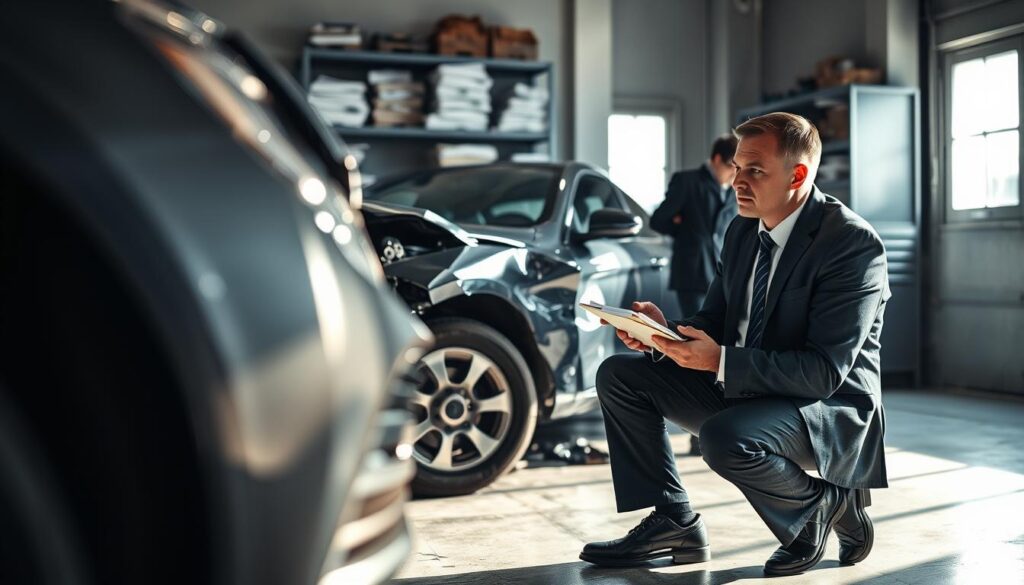 A professional vehicle inspection scene, focusing on an independent automotive expert analyzing a damaged car in a well-lit garage. In the foreground, the expert, dressed in smart business attire, is kneeling beside the vehicle, inspecting the damage with precise tools and a notepad. The middle ground features the car, showing visible signs of collision with crumpled panels and broken glass. In the background, shelves stocked with technical manuals and tools are organized neatly, emphasizing a professional environment. Soft natural lighting streams in from a nearby window, casting gentle shadows and creating an atmosphere of diligence and expertise. The overall mood conveys seriousness and attentiveness to detail in assessing the true extent of damage.
