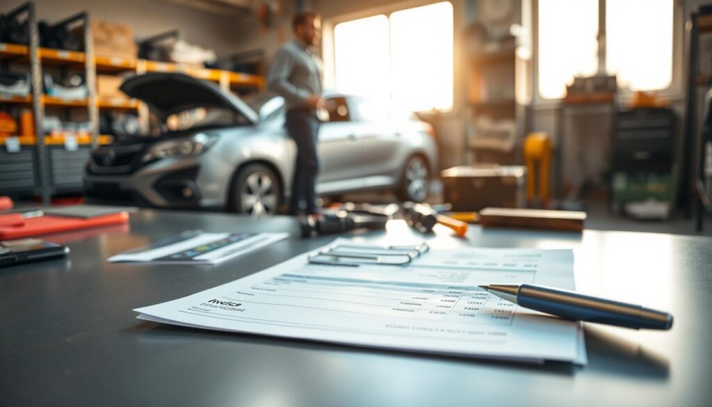 A professional workshop scene in Germany, focused on vehicle repair and compensation. In the foreground, a close-up of an invoice and a cost estimate document for vehicle repairs lies on a sleek, modern desk. The middle layer features a mechanic in professional attire, inspecting a damaged car with visible dents and scratches. Tools are neatly arranged nearby, showcasing a well-organized workspace. In the background, there are subtle hints of a workshop environment, with shelves of tools and parts, bathed in warm, natural lighting streaming in through a window. The overall atmosphere conveys diligence, professionalism, and the complexities of handling vehicle repair claims. The angle is slightly tilted downwards to emphasize the documents and the mechanic’s focused expression. A professional workshop scene in Germany, focused on vehicle repair and compensation. In the foreground, a close-up of an invoice and a cost estimate document for vehicle repairs lies on a sleek, modern desk. The middle layer features a mechanic in professional attire, inspecting a damaged car with visible dents and scratches. Tools are neatly arranged nearby, showcasing a well-organized workspace. In the background, there are subtle hints of a workshop environment, with shelves of tools and parts, bathed in warm, natural lighting streaming in through a window. The overall atmosphere conveys diligence, professionalism, and the complexities of handling vehicle repair claims. The angle is slightly tilted downwards to emphasize the documents and the mechanic’s focused expression.