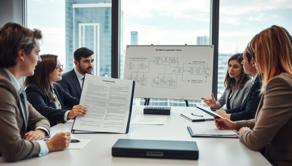 A scene set in Germany where a diverse group of people, dressed in professional business attire, gather around a conference table discussing accident compensation claims. In the foreground, a serious-looking middle-aged man shows a documents folder detailing case procedures, while a younger woman takes notes attentively. In the middle ground, a whiteboard covered with diagrams of accident scenarios and compensation flowcharts captures their attention. The background features a large window with a view of a modern cityscape bathed in natural daylight, creating a bright and professional atmosphere. The lighting is soft and inviting, enhancing the collaborative mood of the discussion. The camera angle is slightly elevated to capture the group dynamics effectively. A scene set in Germany where a diverse group of people, dressed in professional business attire, gather around a conference table discussing accident compensation claims. In the foreground, a serious-looking middle-aged man shows a documents folder detailing case procedures, while a younger woman takes notes attentively. In the middle ground, a whiteboard covered with diagrams of accident scenarios and compensation flowcharts captures their attention. The background features a large window with a view of a modern cityscape bathed in natural daylight, creating a bright and professional atmosphere. The lighting is soft and inviting, enhancing the collaborative mood of the discussion. The camera angle is slightly elevated to capture the group dynamics effectively.
