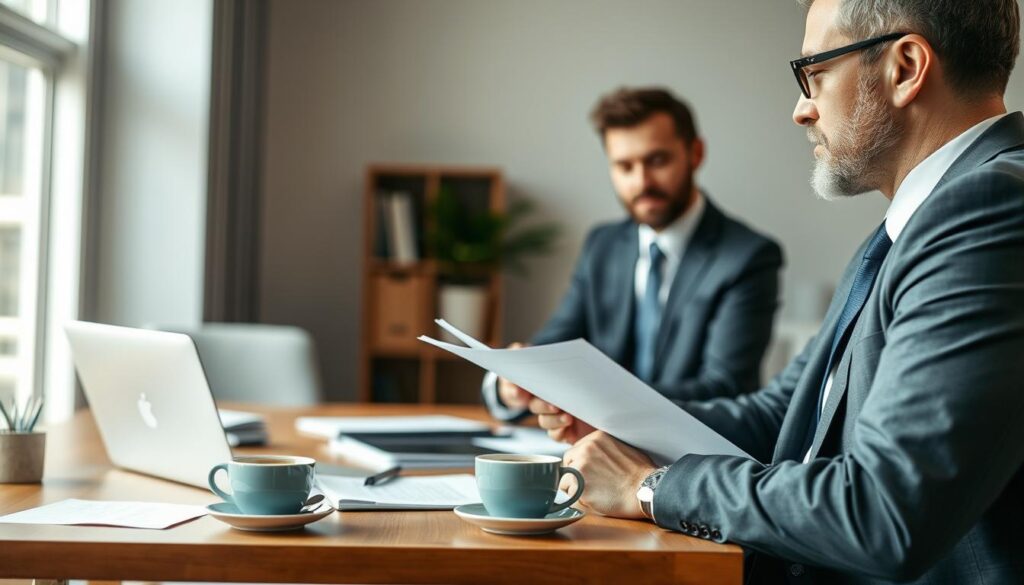 A serene office environment depicting a professional meeting between an insurance adjuster and an individual filing a claim. In the foreground, a well-dressed man in a suit examines documents while taking notes, conveying diligence and focus. The middle ground showcases a wooden desk cluttered with papers, a laptop, and a cup of coffee, symbolizing an active discussion. In the background, a bright, modern office window lets in natural light, creating a warm and inviting atmosphere. The lighting is soft yet clear, highlighting the sincerity of the conversation. The overall mood is professional and reassuring, emphasizing the process of claiming compensation from the at-fault party’s insurer. The focal point should be on the exchange of information, with a slight depth of field to keep the subjects in sharp relief. A serene office environment depicting a professional meeting between an insurance adjuster and an individual filing a claim. In the foreground, a well-dressed man in a suit examines documents while taking notes, conveying diligence and focus. The middle ground showcases a wooden desk cluttered with papers, a laptop, and a cup of coffee, symbolizing an active discussion. In the background, a bright, modern office window lets in natural light, creating a warm and inviting atmosphere. The lighting is soft yet clear, highlighting the sincerity of the conversation. The overall mood is professional and reassuring, emphasizing the process of claiming compensation from the at-fault party’s insurer. The focal point should be on the exchange of information, with a slight depth of field to keep the subjects in sharp relief.