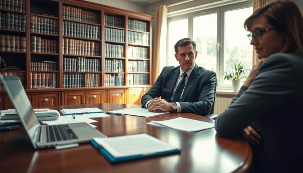 A serene office setting, featuring a confident lawyer in professional attire, seated at a polished wooden desk cluttered with legal documents and a laptop. The focus is on the lawyer's expressive face, conveying empathy and professionalism as they are engaged in a consultation with a client, who is seated across the desk, looking worried yet hopeful. In the mid-ground, a large bookshelf filled with legal books adds depth, while a window in the background lets in soft, natural light, creating a warm and inviting atmosphere. The overall mood is one of support and guidance, emphasizing the importance of legal advice for those facing unexpected costs and challenges after repairs. Use a wide-angle lens effect to capture the entire scene.