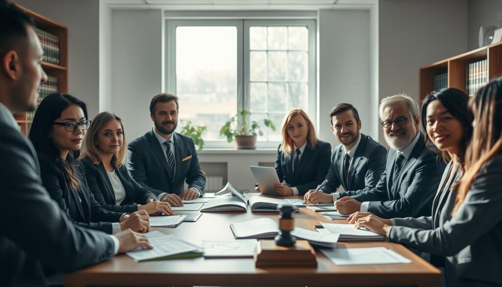 A serene office setting focused on the themes of justice and restitution for health impairment. In the foreground, a diverse group of professionals, dressed in smart business attire, is engaged in a discussion around a table, with legal documents and medical reports scattered among them. Their expressions reflect determination and hope. In the middle ground, there's a large window allowing soft, diffused daylight to fill the room, casting gentle shadows. In the background, shelves lined with law books and a potted plant add a touch of warmth. The atmosphere is calm yet purposeful, emphasizing the importance of recovery and compensation, with a soft focus on the subjects to create an inviting depth. The overall lighting is natural, enhancing the professional tone of the scene. A serene office setting focused on the themes of justice and restitution for health impairment. In the foreground, a diverse group of professionals, dressed in smart business attire, is engaged in a discussion around a table, with legal documents and medical reports scattered among them. Their expressions reflect determination and hope. In the middle ground, there's a large window allowing soft, diffused daylight to fill the room, casting gentle shadows. In the background, shelves lined with law books and a potted plant add a touch of warmth. The atmosphere is calm yet purposeful, emphasizing the importance of recovery and compensation, with a soft focus on the subjects to create an inviting depth. The overall lighting is natural, enhancing the professional tone of the scene.