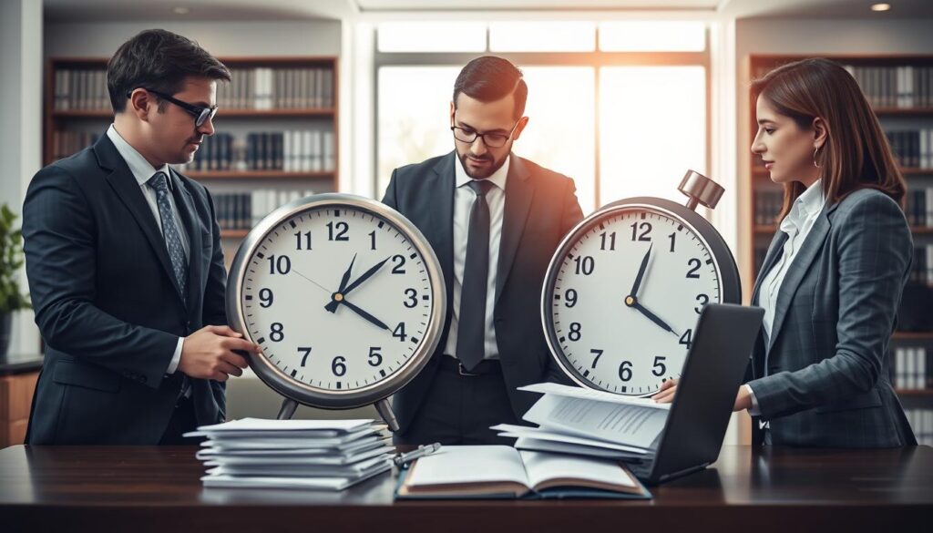 A sophisticated and informative composition centered around the theme of legal time limits and the importance of submitting claims. In the foreground, a diverse group of three professionals—two men and one woman—dressed in smart business attire, are engaged in a discussion over a stack of paperwork and a laptop displaying graphs and legal documents. In the middle ground, a large clock symbolizes time limits, its hands positioned to convey urgency. The background features a modern office setting with bookshelves filled with legal books and soft, natural lighting streaming through a large window, creating an atmosphere of focus and professionalism. The lens captures the scene at a slightly elevated angle, enhancing the sense of depth and urgency while maintaining a calm and serious mood. A sophisticated and informative composition centered around the theme of legal time limits and the importance of submitting claims. In the foreground, a diverse group of three professionals—two men and one woman—dressed in smart business attire, are engaged in a discussion over a stack of paperwork and a laptop displaying graphs and legal documents. In the middle ground, a large clock symbolizes time limits, its hands positioned to convey urgency. The background features a modern office setting with bookshelves filled with legal books and soft, natural lighting streaming through a large window, creating an atmosphere of focus and professionalism. The lens captures the scene at a slightly elevated angle, enhancing the sense of depth and urgency while maintaining a calm and serious mood.