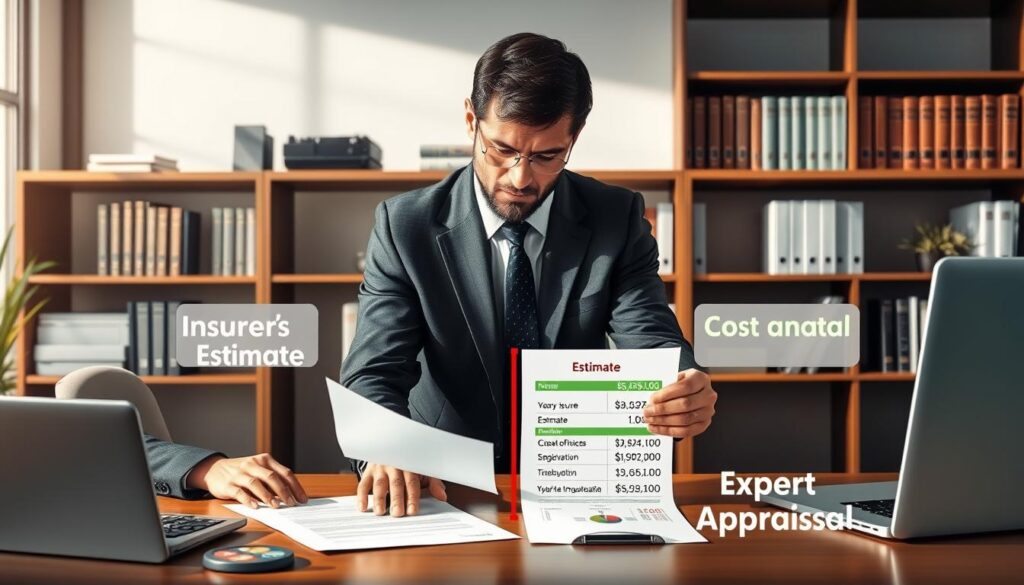 A split-scene illustration comparing an insurer's estimate with an expert's appraisal. In the foreground, a focused professional dressed in business attire, analyzing two documents on a desk, surrounded by tools like a calculator and a laptop. The middle ground features a clear comparison of the two cost estimates, one labelled "Insurer Estimate" with figures highlighted in red, and another labelled "Expert Appraisal" in green, showcasing a more detailed evaluation. The background is a modern office with shelves filled with books on finance and insurance. Soft, natural lighting filters through a window, creating a productive and serious atmosphere, emphasizing the importance of accurate assessments in insurance claims. The image should evoke a sense of diligence and professionalism. A split-scene illustration comparing an insurer's estimate with an expert's appraisal. In the foreground, a focused professional dressed in business attire, analyzing two documents on a desk, surrounded by tools like a calculator and a laptop. The middle ground features a clear comparison of the two cost estimates, one labelled "Insurer Estimate" with figures highlighted in red, and another labelled "Expert Appraisal" in green, showcasing a more detailed evaluation. The background is a modern office with shelves filled with books on finance and insurance. Soft, natural lighting filters through a window, creating a productive and serious atmosphere, emphasizing the importance of accurate assessments in insurance claims. The image should evoke a sense of diligence and professionalism.
