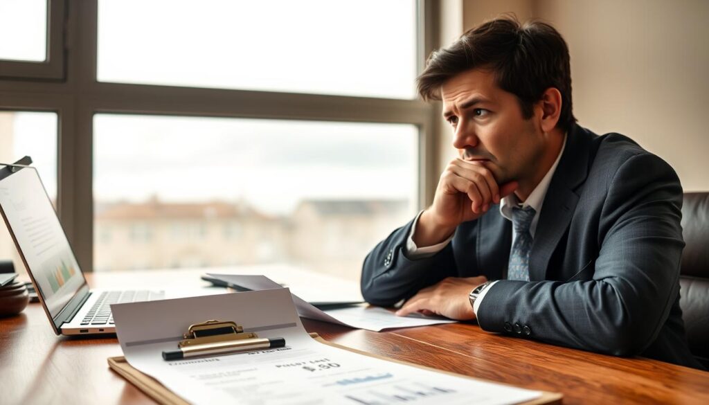 A thoughtful business professional, dressed in smart casual attire, sits at a polished wooden desk, their face displaying a mix of concern and contemplation. In the foreground, there's a clipboard with a detailed damage assessment report and cost estimates for repairs. The middle ground features an open laptop, displaying a proposal for a payout, with graphs and figures subtly visible. In the background, a large window reveals a soft, overcast sky, signifying uncertainty. The overall lighting is warm and natural, casting gentle shadows, creating a serious yet contemplative atmosphere. The focus should be on the professional's expression and the documents, emphasizing the importance of careful decision-making after receiving a payout proposal. A thoughtful business professional, dressed in smart casual attire, sits at a polished wooden desk, their face displaying a mix of concern and contemplation. In the foreground, there's a clipboard with a detailed damage assessment report and cost estimates for repairs. The middle ground features an open laptop, displaying a proposal for a payout, with graphs and figures subtly visible. In the background, a large window reveals a soft, overcast sky, signifying uncertainty. The overall lighting is warm and natural, casting gentle shadows, creating a serious yet contemplative atmosphere. The focus should be on the professional's expression and the documents, emphasizing the importance of careful decision-making after receiving a payout proposal.